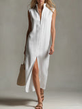 Women's Solid Color Stand-collar Sleeveless Casual Loose Linen Dress