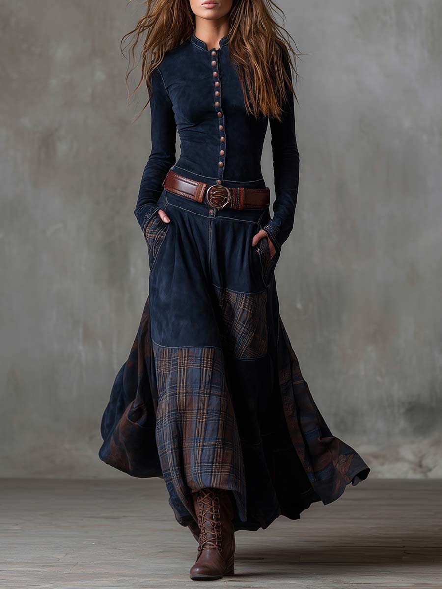 Vintage Patchwork Suede Maxi Dress With Plaid Panels