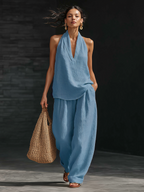 Casual Urban Style White Linen V-neck Sleeveless Top And Wide Leg Pants Set