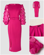 3D Polka Dot Appliques Mesh Lantern Sleeve Zipper Back Slit Work Dress Cinched Waist Slim Fit Mid Length Dress With Belt
