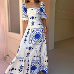 Linen Blend Unique Print Square Neck Bubble Sleeve Maxi Dress