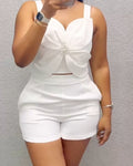 2 Pieces Outfit 3D Flower Decor Sweetheart Neck Thick Straps Shirred Back Crop Top and Casual Elastic Back Waist Shorts Set