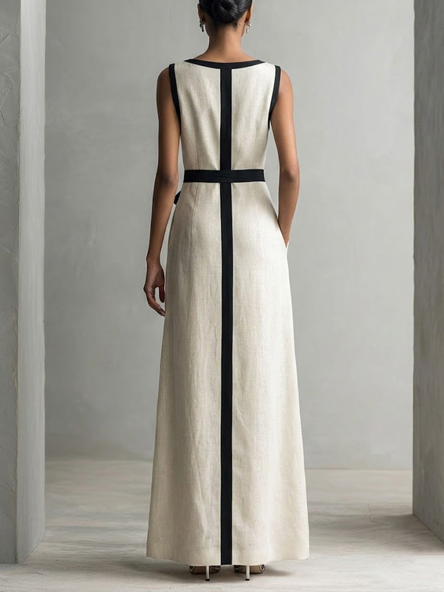 Women's Round Neck Sleeveless Casual Loose Cotton Linen Dress