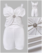 2 Pieces Outfit 3D Flower Decor Sweetheart Neck Thick Straps Shirred Back Crop Top and Casual Elastic Back Waist Shorts Set