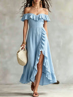Women's Summer Cotton Off Shoulder Ruffled Ruched Flowy Maxi Dress