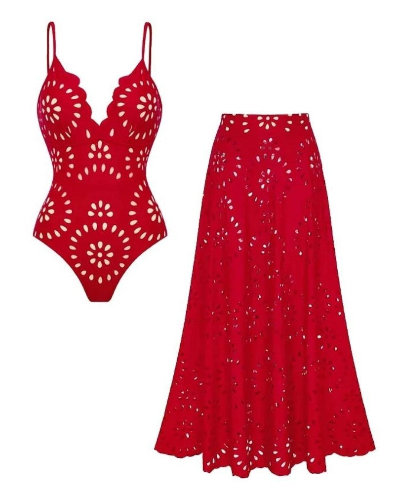 Flower Hollow One Piece Swimsuit and Skirt*