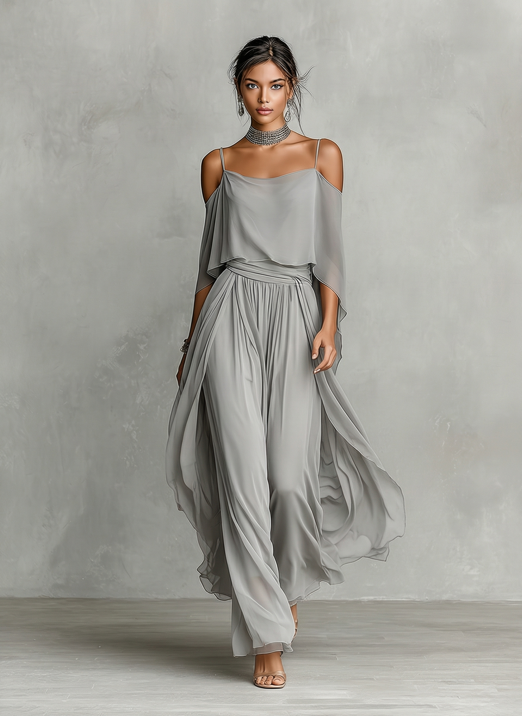 Women's Grey Breathable Chiffon Maxi Dress With Cold-Shoulder Detail & Flared Silhouette