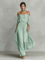 Women's Grey Breathable Chiffon Maxi Dress With Cold-Shoulder Detail & Flared Silhouette