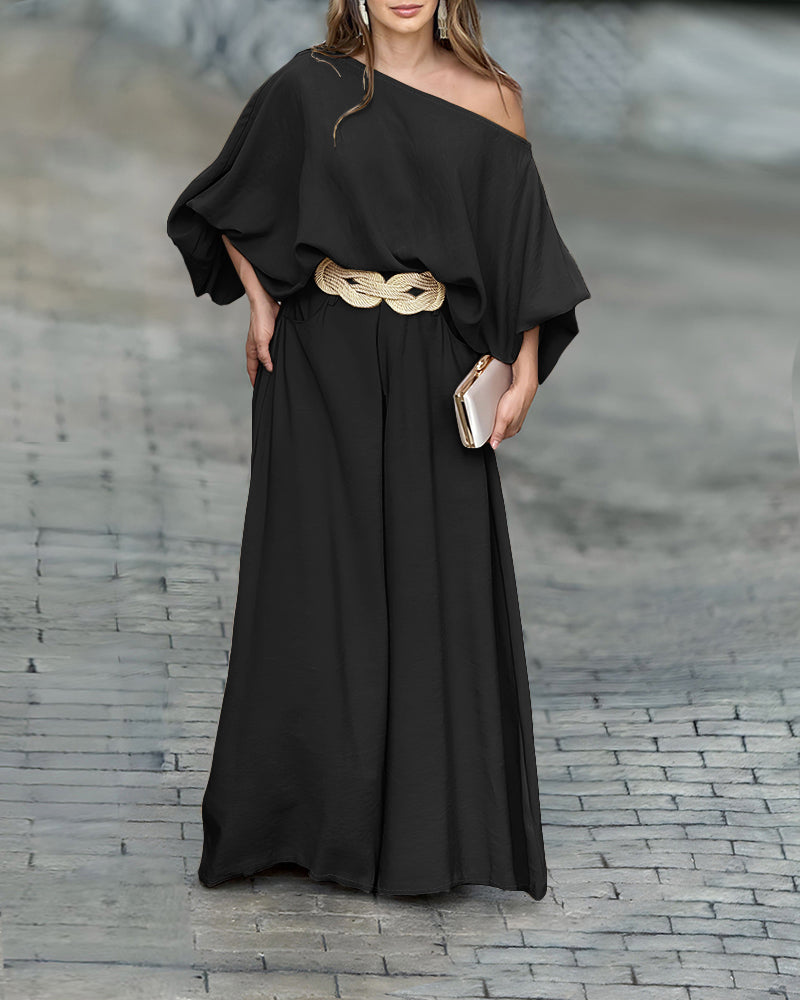 Skew Neck Lantern Sleeve Loose Top & Zipper Fly Wide Leg Pants Set Without Belt
