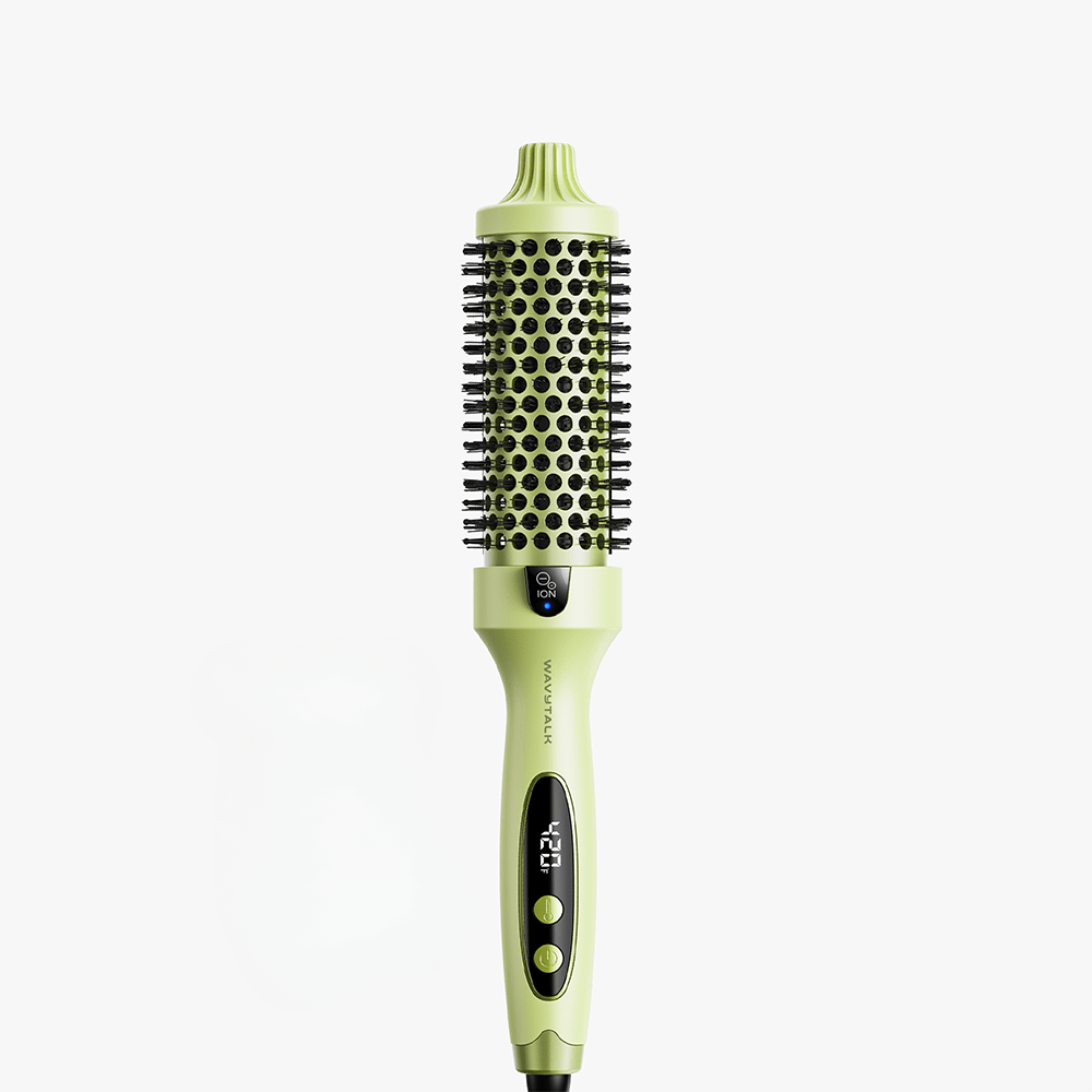 Green Blowout Boost Hair styling brush with digital display on a white background