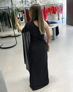 One Shoulder Asymmetrical Mesh Cloak Sleeve Ruched Twist Waist Evening Dress Waist Gathered Slit Party Dress