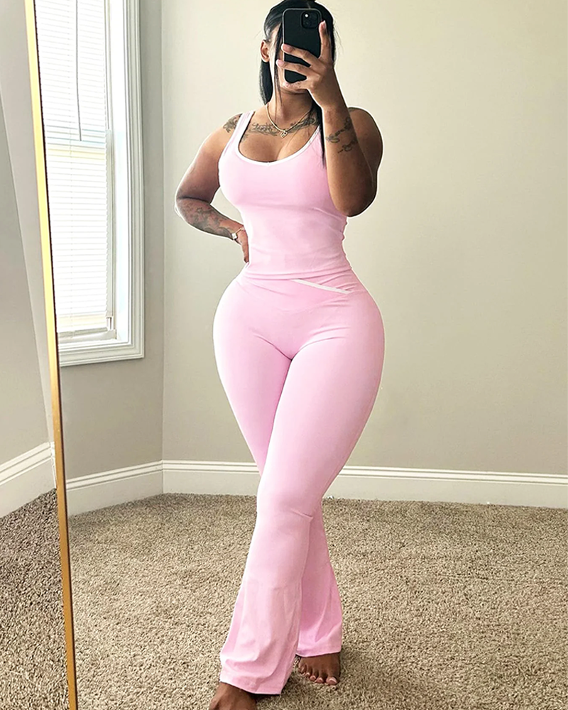 Chic Colorblock Crmon Tank and Flare Pants Lounge Sets