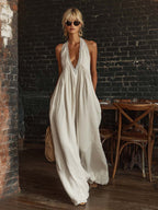 Retro Urban Bohemian V-neck Lace Trim Sleeveless Off-white Cotton Jumpsuit