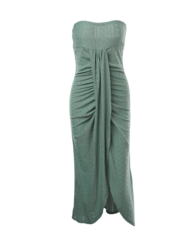 Sleeveless Ruched Cinched Waist Draped Bandeau Dress Eyelet Embroidery Slit Asymmetrical Hem Vacation Dress
