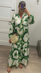 Green Long Sleeve V-Neck Maxi Dress