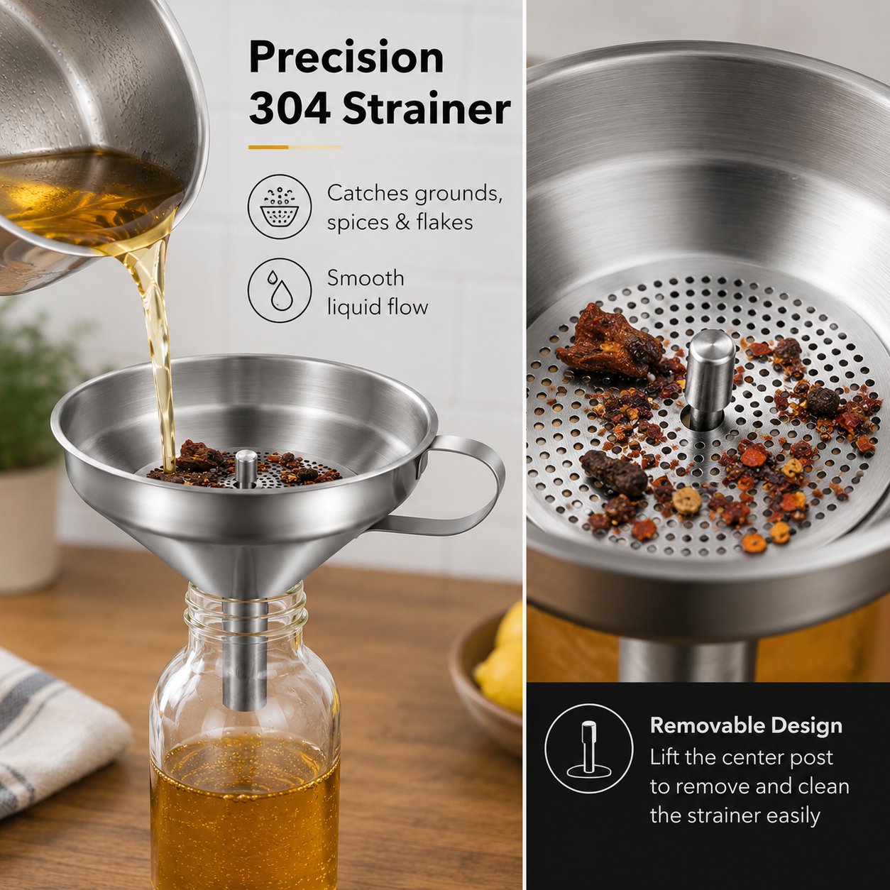 Heavy Duty Thickened Stainless Steel Kitchen Funnel with 304 Strainer