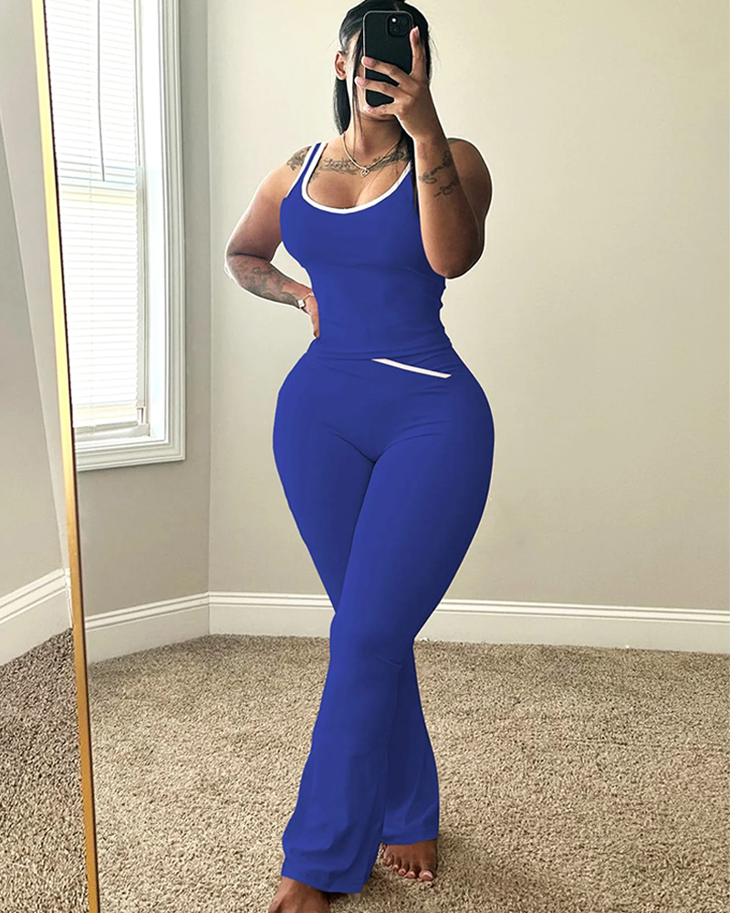 Chic Colorblock Crmon Tank and Flare Pants Lounge Sets