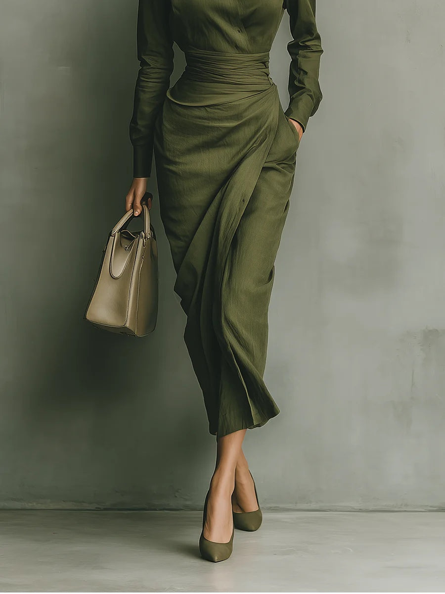 Army Green Cotton Blended Maxi Dress FlowearyShop Army Green Cotton Blended Maxi Dress FlowearyShop