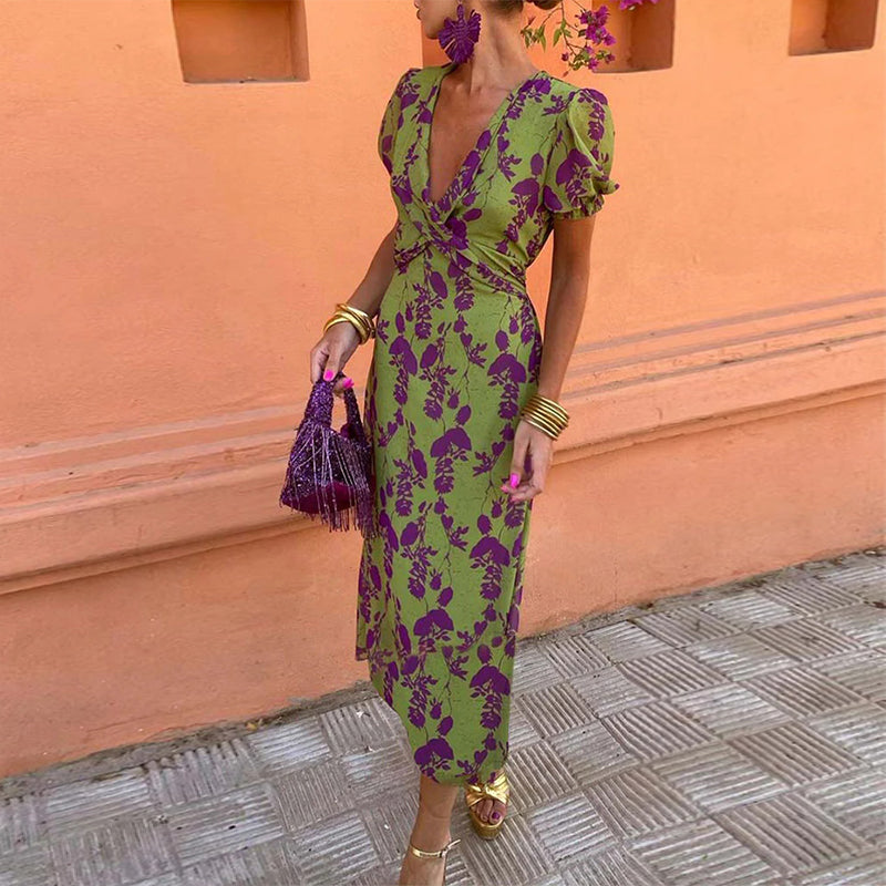 Elegant leaf print deep V puff sleeve A-line dress