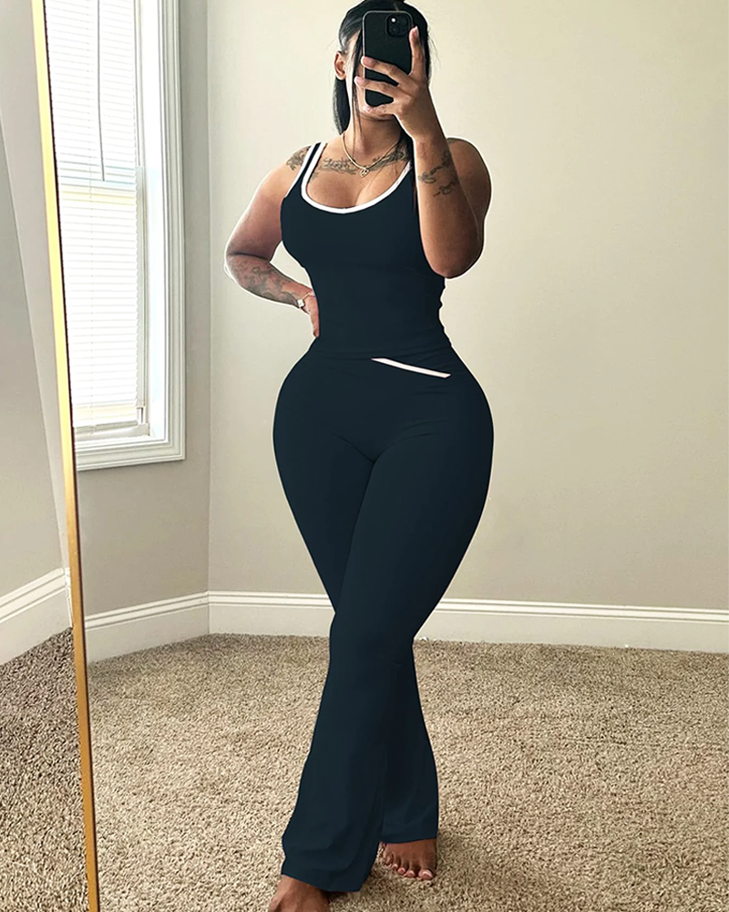 Chic Colorblock Crmon Tank and Flare Pants Lounge Sets