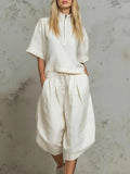 Linen Zip-Neck Top & Harem Culottes Set
