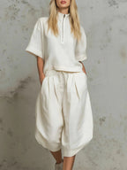 Linen Zip-Neck Top & Harem Culottes Set