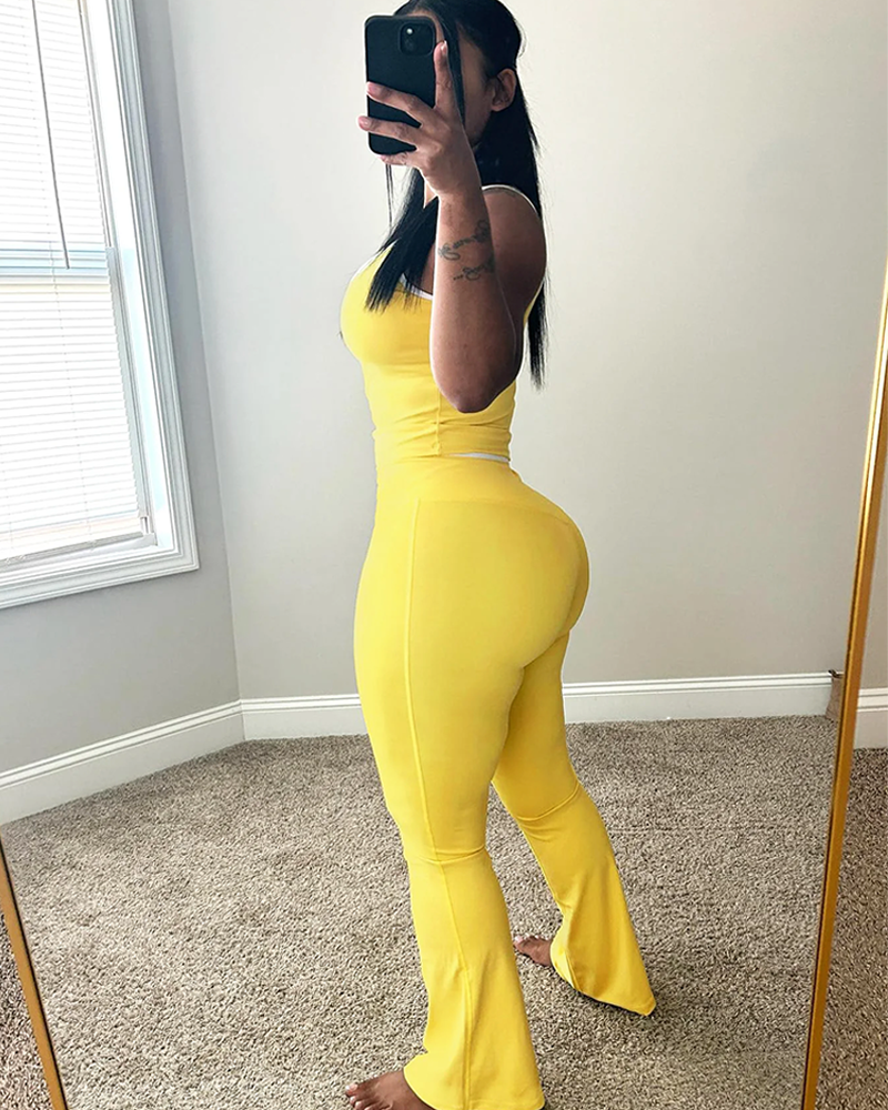 Chic Colorblock Crmon Tank and Flare Pants Lounge Sets