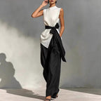 Women'S Lace-Up Sleeveless Contrasting Color Suit Top + Wide Leg Pants Two-Piece Set