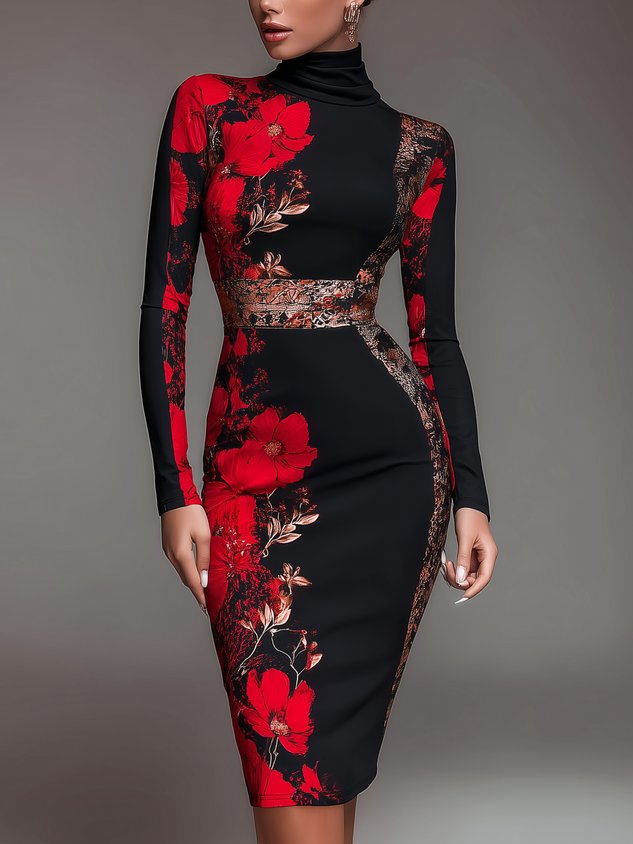 Elegant Stand Collar Jersey Midi Dress Long Sleeve