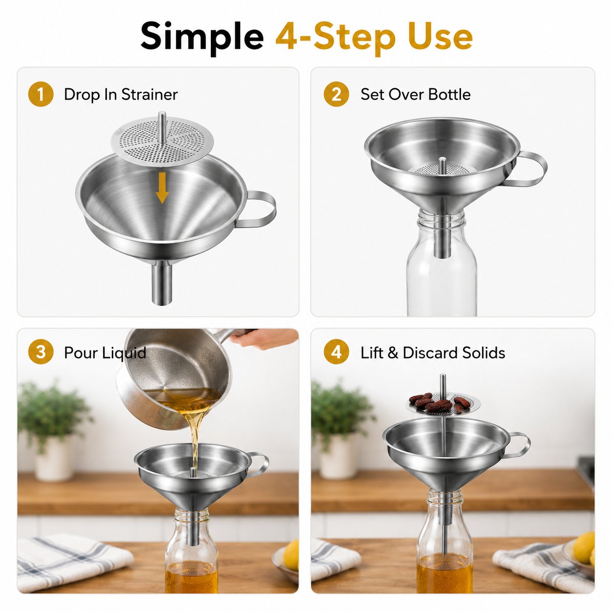 Heavy Duty Thickened Stainless Steel Kitchen Funnel with 304 Strainer