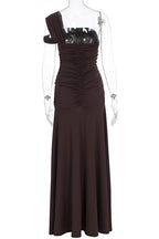 One Shoulder Ruched High Slit Slim Fit Solid Color Party Maxi Dresses-Brown