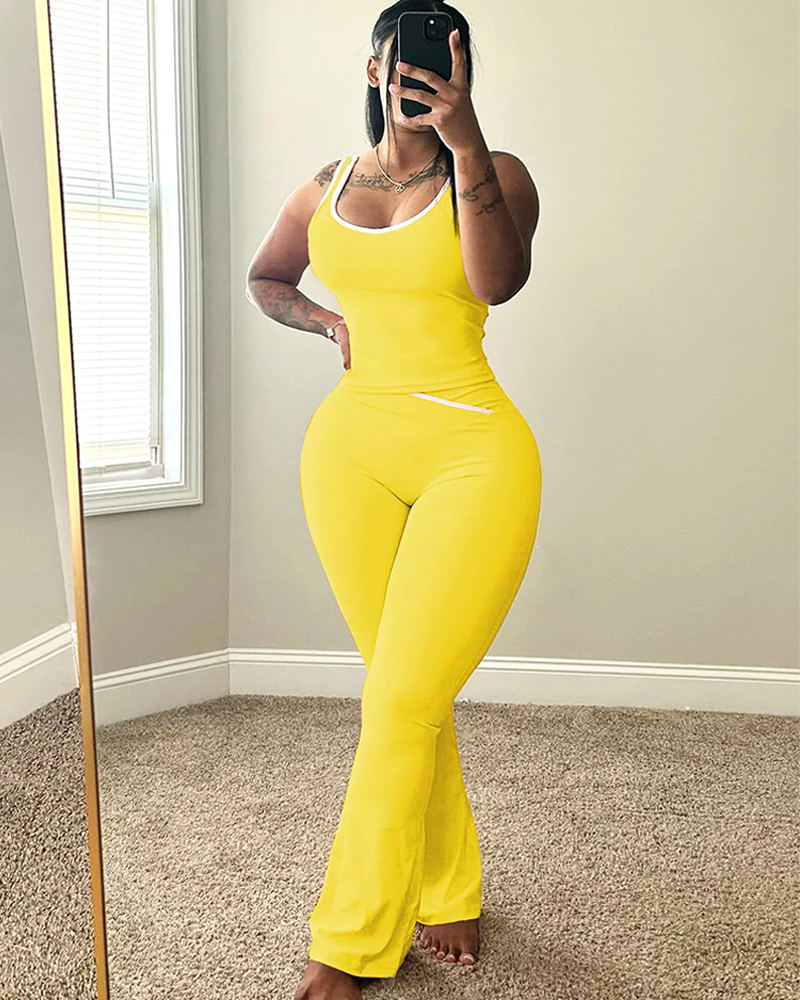Chic Colorblock Crmon Tank and Flare Pants Lounge Sets