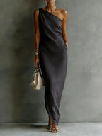 Solid Color Satin Slant Shoulder Drape Slim Long Dress