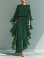 Women's Navy Blue Chiffon Top With Flared Sleeves And Straight-leg Trousers Set With Ruffled Details