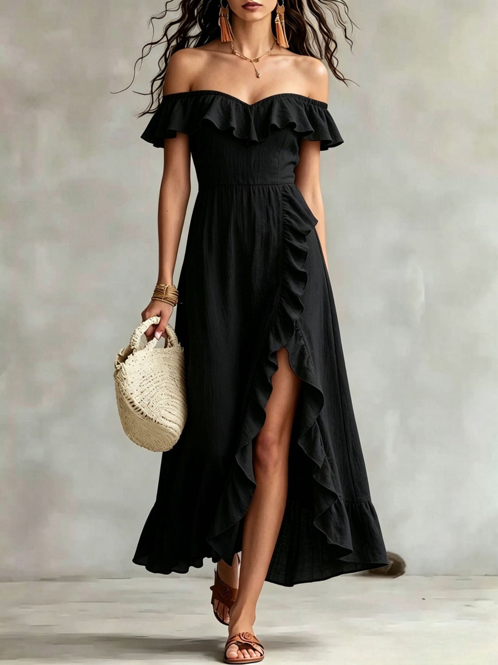Women's Summer Cotton Off Shoulder Ruffled Ruched Flowy Maxi Dress