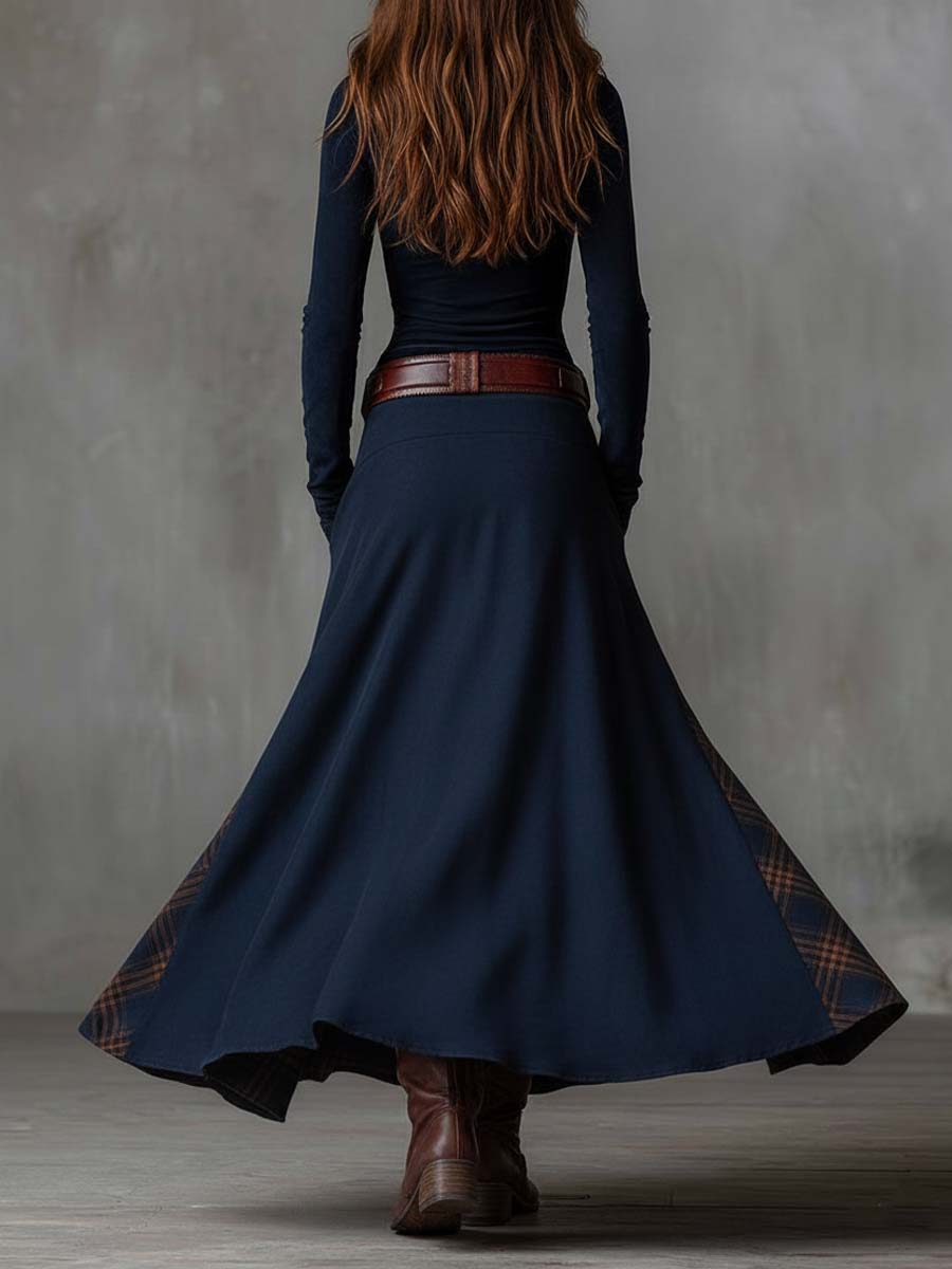 Vintage Patchwork Suede Maxi Dress With Plaid Panels
