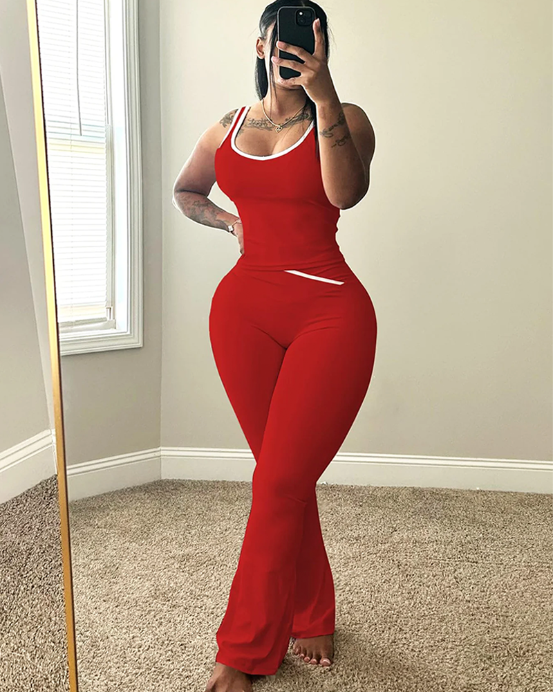 Chic Colorblock Crmon Tank and Flare Pants Lounge Sets