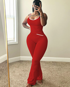 Chic Colorblock Crmon Tank and Flare Pants Lounge Sets