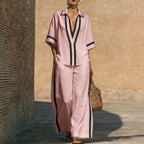 Fashionable Color-Block Two-Piece Set: Casual Short-Sleeve Shirt and Wide-Leg Pants