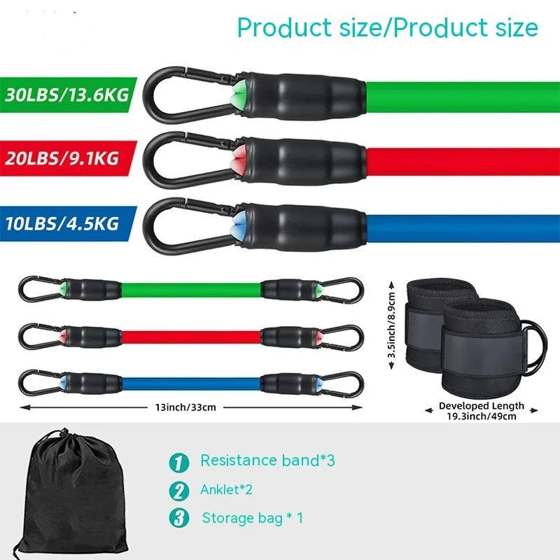 TPE leg resistance band set showing three tension levels with foot loops and storage bag for hip and leg exercises