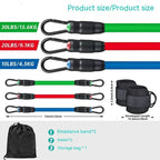 TPE leg resistance band set showing three tension levels with foot loops and storage bag for hip and leg exercises