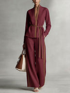 Women's Stand Collar Long Sleeve Casual Loose Top High Waist Casual Loose Wide Leg Pants Cotton Linen Set
