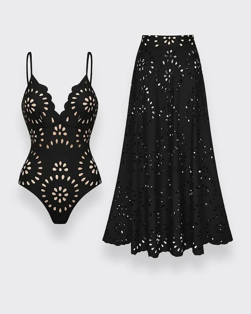 Flower Hollow One Piece Swimsuit and Skirt*