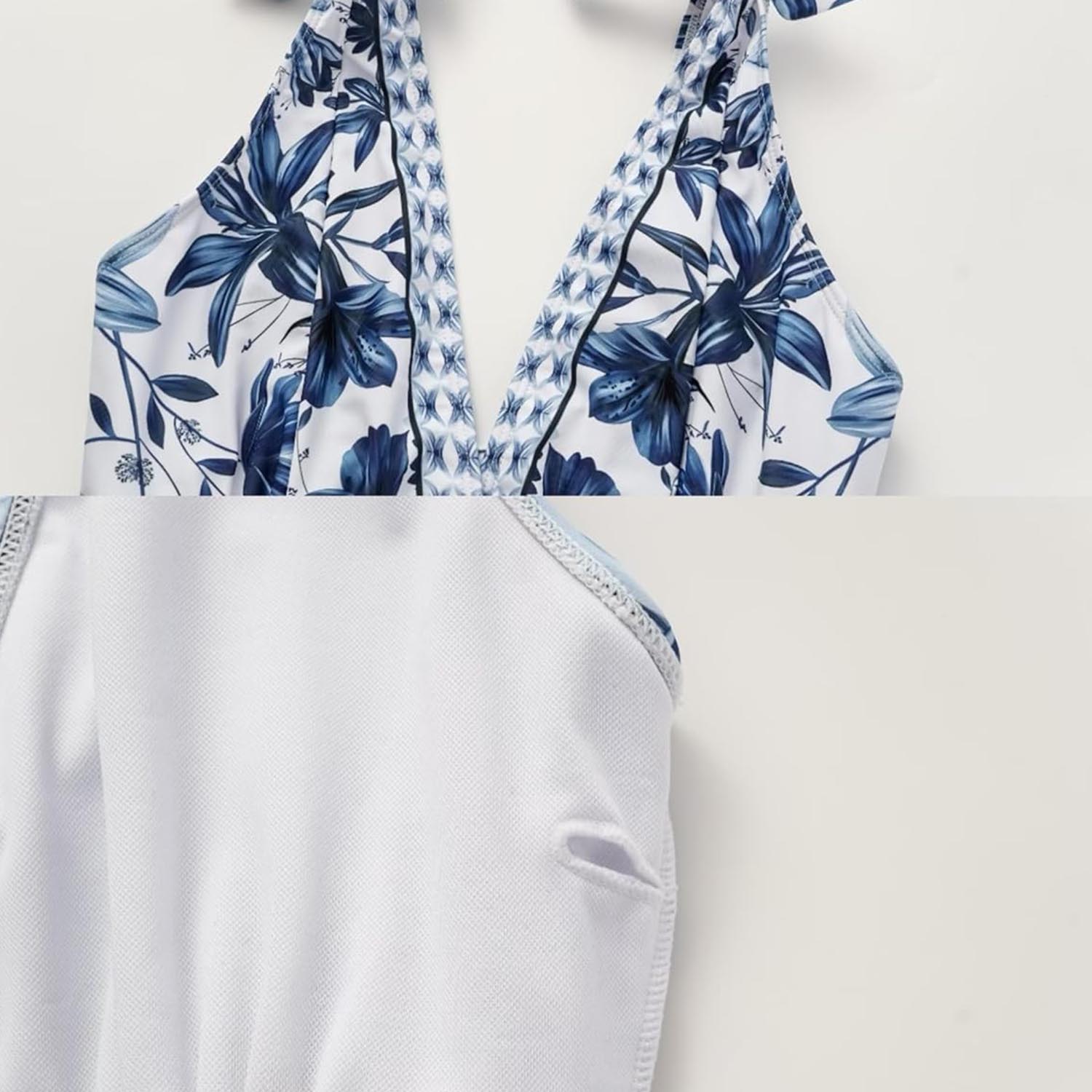 Women Adjustable Shoulder Strip Plant Prints One Piece Swimsuit and Skirt
