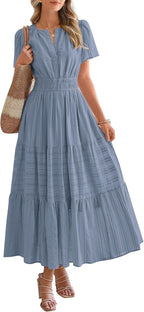 Womens Summer Lightweight Short Sleeve V Casual Midi Maxi Dresses
