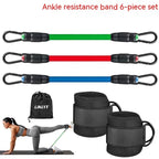 TPE leg resistance band set showing three tension levels with foot loops and storage bag for hip and leg exercises