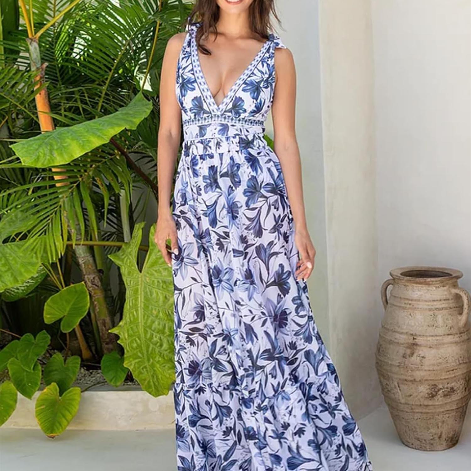 Women Adjustable Shoulder Strip Plant Prints One Piece Swimsuit and Skirt