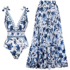 Women Adjustable Shoulder Strip Plant Prints One Piece Swimsuit and Skirt
