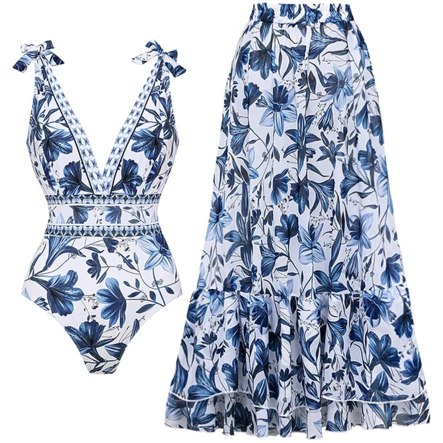 Women Adjustable Shoulder Strip Plant Prints One Piece Swimsuit and Skirt