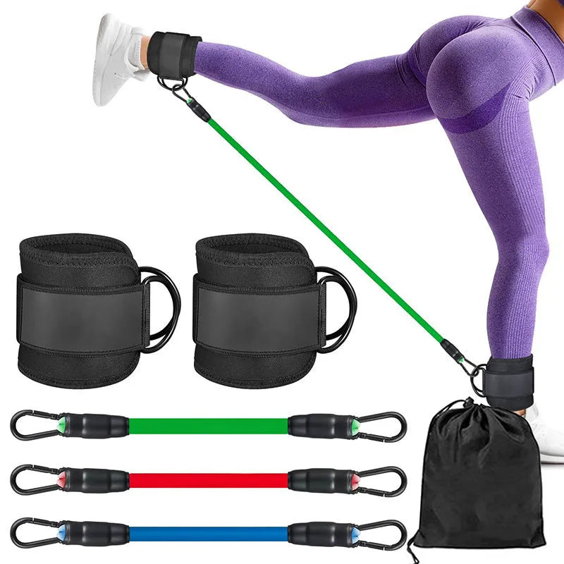 TPE leg resistance band set showing three tension levels with foot loops and storage bag for hip and leg exercises